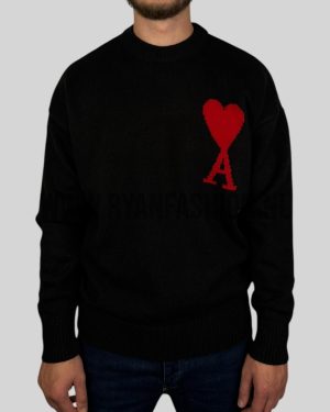 Ami Paris Knitted Wool Sweater Black Red