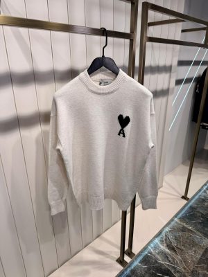 Ami Paris Small Heart Logo Knitted Sweater White Black