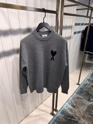 Ami Paris Small Heart Logo Knitted Sweater Grey Black