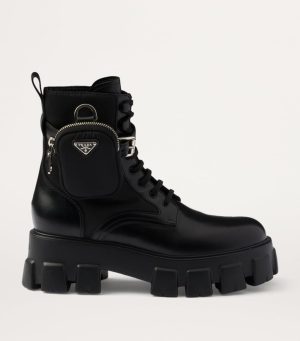 Prada Leather Monolith Boots with Pouch Black