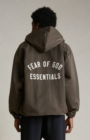 Essentials Fear Of God Textured Nylon Hooded Jacket Brown